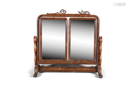 AN UNUSUAL VICTORIAN MAHOGANY DIPTYCH DRESSING TABLE MIRROR, with twin adjustable mirror panels,