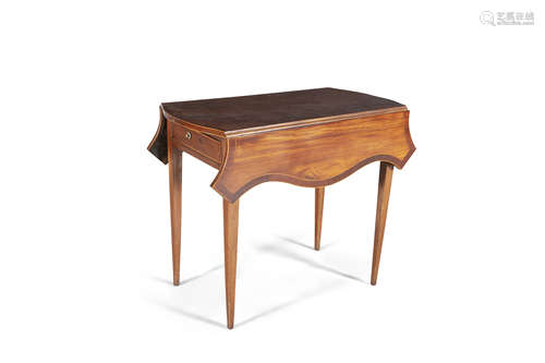 A GEORGE III STYLE INLAID MAHOGANY DOUBLE DROP LEAF PEMBROKE TABLE, of shaped rectangular form, with