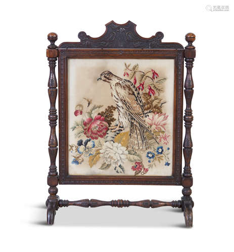 A LARGE 19TH CENTURY ARTS & CRAFTS MAHOGANY FRAMED FIRE SCREEN, the cornice decorated with