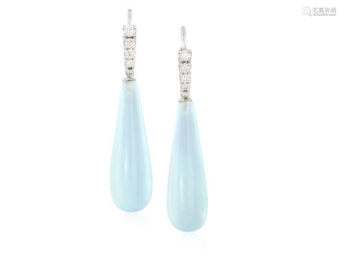 A PAIR OF CHALCEDONY AND DIAMOND EARRINGS, each elongated drop-shaped cabochon chalcedony suspending