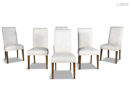 A SET OF SIX MODERN UPHOLSTERED DINING CHAIRS, the square backs and seats upholstered in cream