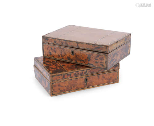 TWO TORTOISESHELL AND SATINWOOD INLAID CIGAR BOXES (2)