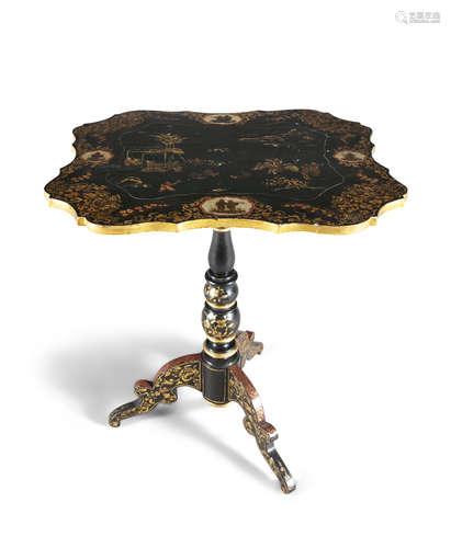 A 19TH CENTURY JAPANNED PARCEL GILT OCCASIONAL TABLE, the shaped tilt top decorated with