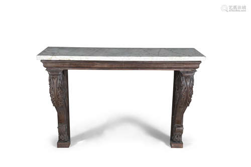 AN EARLY VICTORIAN ROSEWOOD AND MARBLE TOP CONSOLE TABLE, c.1840, with white marble top above a