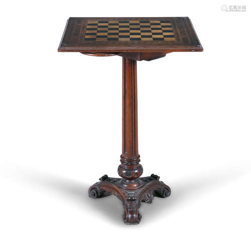 A VICTORIAN INLAID WALNUT SQUARE GAMES TABLE, with chequerboard square top, fitted single fold