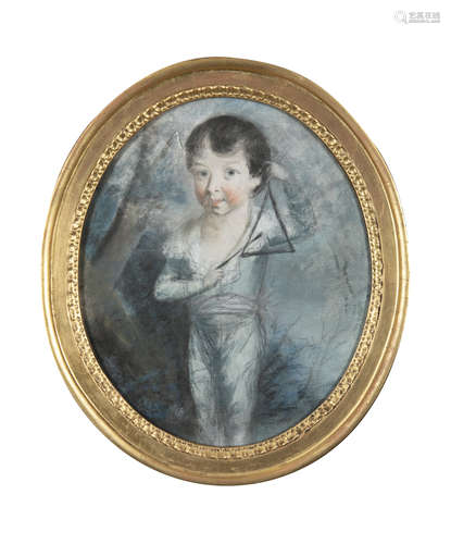 IRISH SCHOOL Study of a Young Boy Playing a Triangle Oval, pastel, 31 x 26cm Daniel Egan trade label