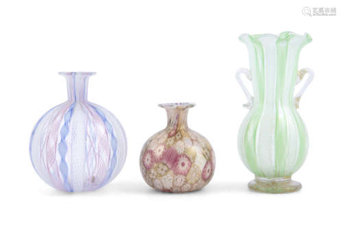 A COLLECTION OF MINIATURE COLOURED GLASS VASES, probably Nailsea, 19th century, comprising a small