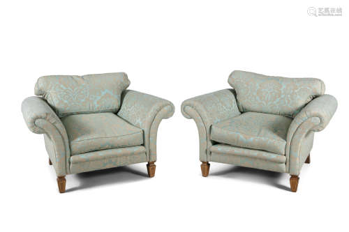 A PAIR OF OVERSIZED ARMCHAIRS BY LINLEY, with deep seats and scrolling arms, upholstered in duck egg