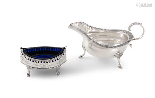 AN IRISH BRIGHT-CUT SILVER ENGRAVED NAVETTE SHAPED SALT CELLAR, Dublin 1785, mark Christopher