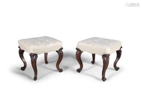 A PAIR OF VICTORIAN ROSEWOOD FRAMED SQUARE STOOLS, the seats covered in tapestry cloth and raised on