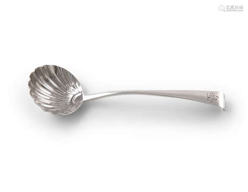 A GEORGE III IRISH SILVER HOOK-BACK LADLE, mid-18th century, mark of John Laughlin, with scallop