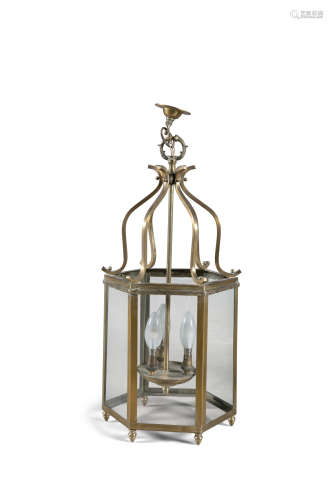 AN EDWARDIAN STAINED GLASS HALL LANTERN, c.1910, of squared form, with brass frame and coloured