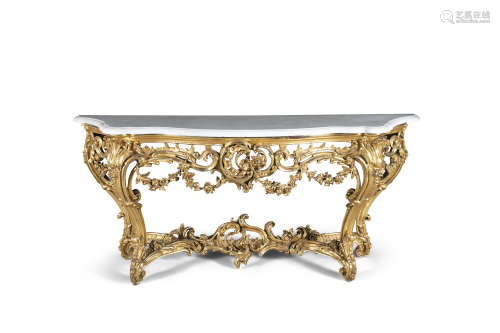 A CONTINENTAL GILTWOOD SERPENTINE CONSOLE TABLE, 19th century, fitted with Carrara marble top and