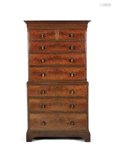 A 19TH CENTURY FLAME MAHOGANY CHEST ON CHEST, with cavetto and dentil cornice above two short and