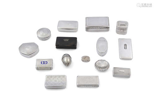 A COLLECTION OF SILVER SNUFF BOXES AND VESTA CASES; including a Victorian plain rectangular snuff