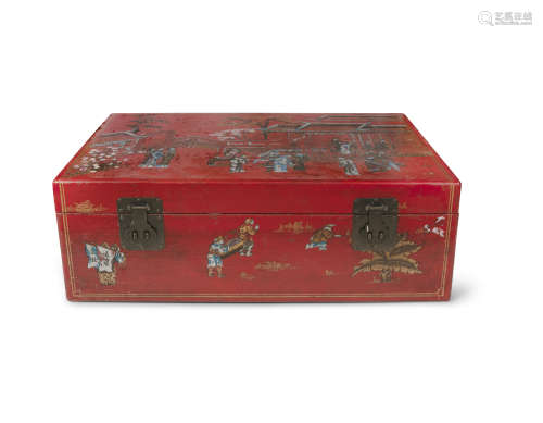 A CHINESE RED LACQUER CHEST, mid 20th entury of rectangular form, applied with side carrying handles