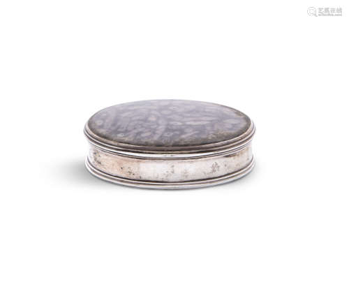 A GEORGE III SILVER AND PATTERNED GREY STONE SNUFF BOX, c.1797, hallmarks missing, makers mark
