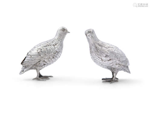 A PAIR OF SILVER CAST MODELS OF QUAIL, each modelled in mirror image, London 1969, mark of Edward