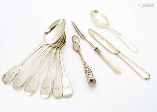 A set of six Victorian fiddle pattern dessert spoons, by George Adams, with engraved monogram,