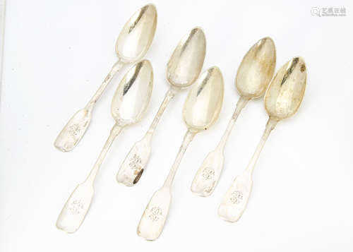 A set of six 19th Century continental white metal table spoons, fiddle pattern, the fronts with