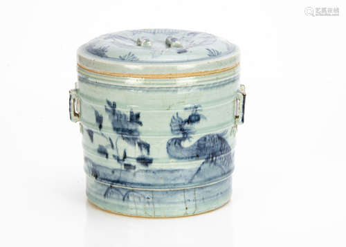 A Chinese porcelain blue and white cylindrical jar and cover, the cylindrical base of stepped form