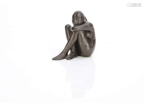 A cold cast figure by D J Scaldwell, 20th Century, modelled as a girl hunched over with knees up