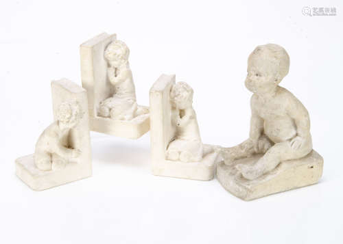 A pair of Registered Designed London made plaster bookends, of young girl leaning against a door