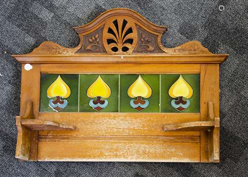 A stained beech and Art Nouveau tile washstand back, the four stylised floral yellow, orange,