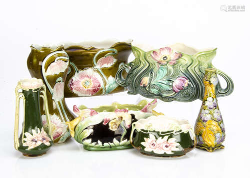 A collection of continental Art Nouveau majolica planters and vases, including a Gustav de Buryn