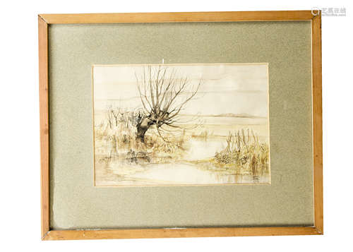 Edwardian School, watercolour, Weeping Willow Tree over Brook in landscape, initialled lower right