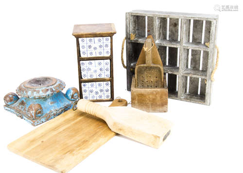 A collection of kitchenware, including a Grushbrooke of Smithfield wooden chopping block, a three