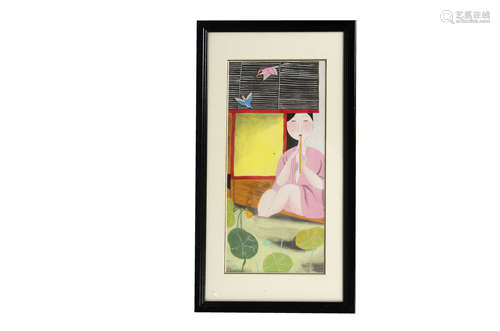 A Japanese watercolour/gouache, a seated female in pink robe playing her lute, framed and glazed,