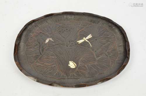 A Japanese Meiji period shibiyama tray, the hardwood carved tray with lotus flower and leaves