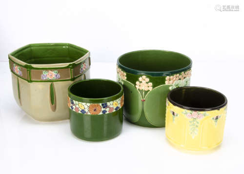 Four Eichwald Art Nouveau German pottery jardinières, including a hexagonal example with floral