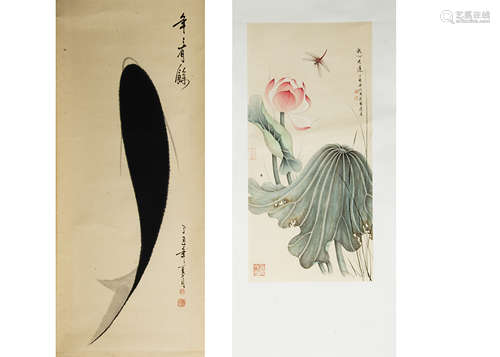 Two Chinese watercolour scrolls, one decorated with pink flower and dragonfly, image size 65cm x