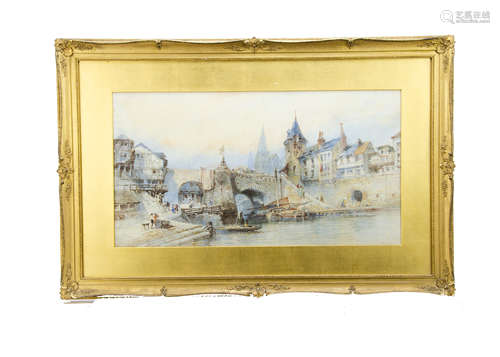 Paul Marny 1892-1914, watercolour, Busy River Bridge in a French town, signed lower left, framed and