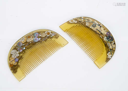 Two Japanese Meiji period horn and mother of pearl Kushi Kanzashi combs, of half moon design with