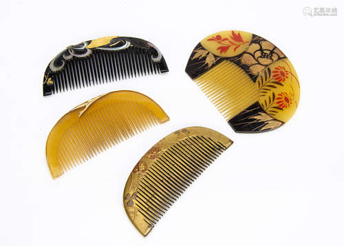 Four Japanese Meiji period Kushi Kanzashi hair combs, all of semi circular shape, three horn