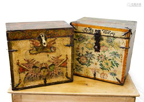 Two Thai decoupage hinged boxes, with iron mounts decorated with flowers to one and the other with