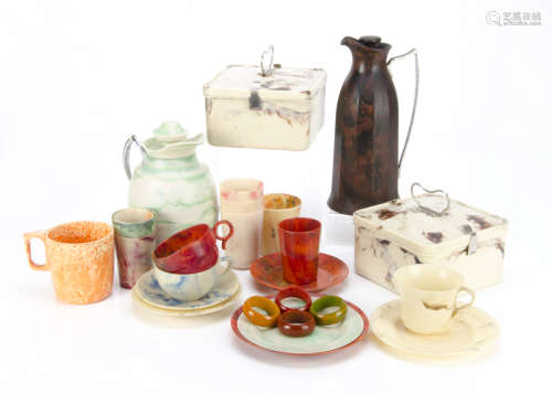A collection of Bakelite and Bandalasta ware, including two Bakelite thermos flasks, one of