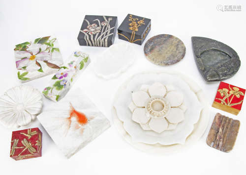 A collection of contemporary marble and alabaster decorative boxes, and various alabaster dishes