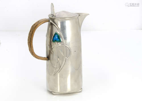 A Liberty & Co Tudric pewter and enamel hot water jug, the cylindrical body with stylised Honesty,