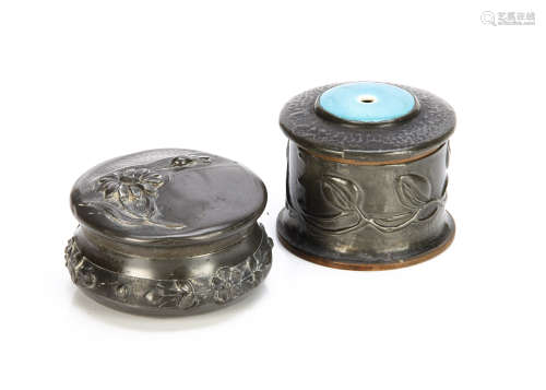 An Art Nouveau pewter and sycamore wood Ruskin mounted cylindrical string box, the lift off lid with