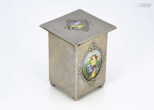 A continental Art Nouveau pewter and enamel tea caddy, of square form with hinged lid with central