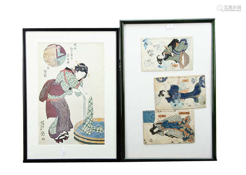 A Japanese watercolour of pond life, 26cm x 33cm, a framed set of three Japanese wood block print