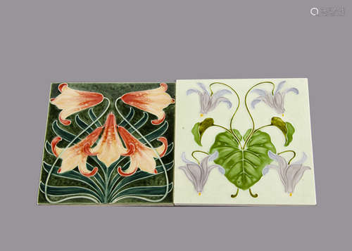 Two French Art Nouveau relief moulded tiles, by Utzscneider, decorated with Canterbury Bells and