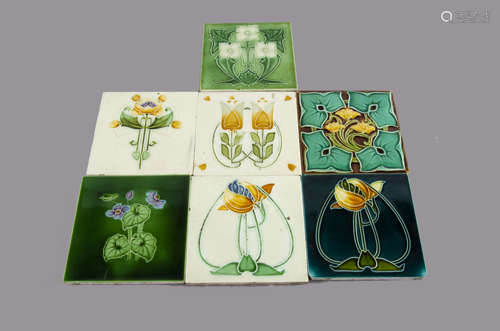 Seven Rhodes Tile Company dust pressed and moulded Art Nouveau tiles, stylised floral decoration,