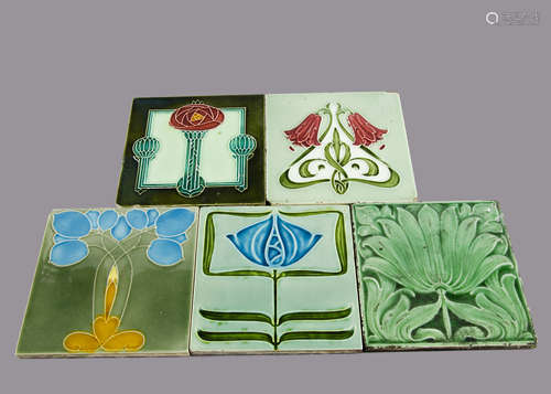 Five Minton Hollins & Co Art Nouveau tiles, all relief moulded stylised floral decoration, 15cm