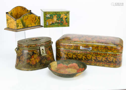 A small collection of metalwork decoupage items, including a rectangular bread bin with domed hinged