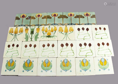 A set of eight Henry Abraham Ollivant Art Nouveau tiles, all of the same pattern of three red flower